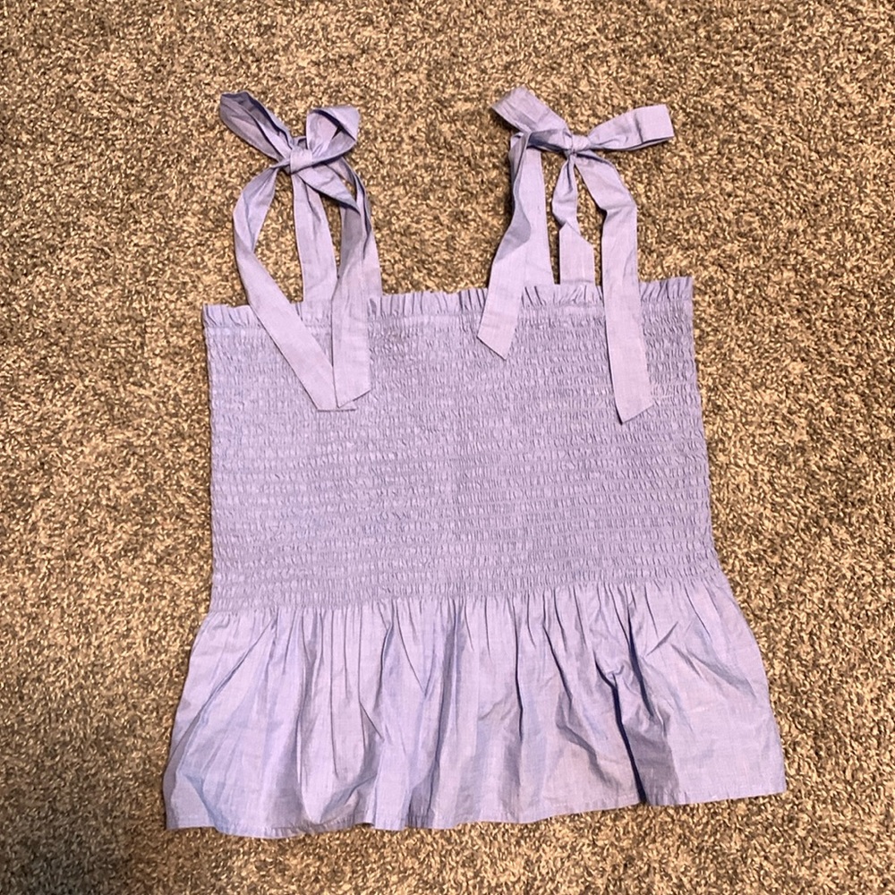 J. Crew Blue Smocked Tie-Shoulder Tank Top Sz Small